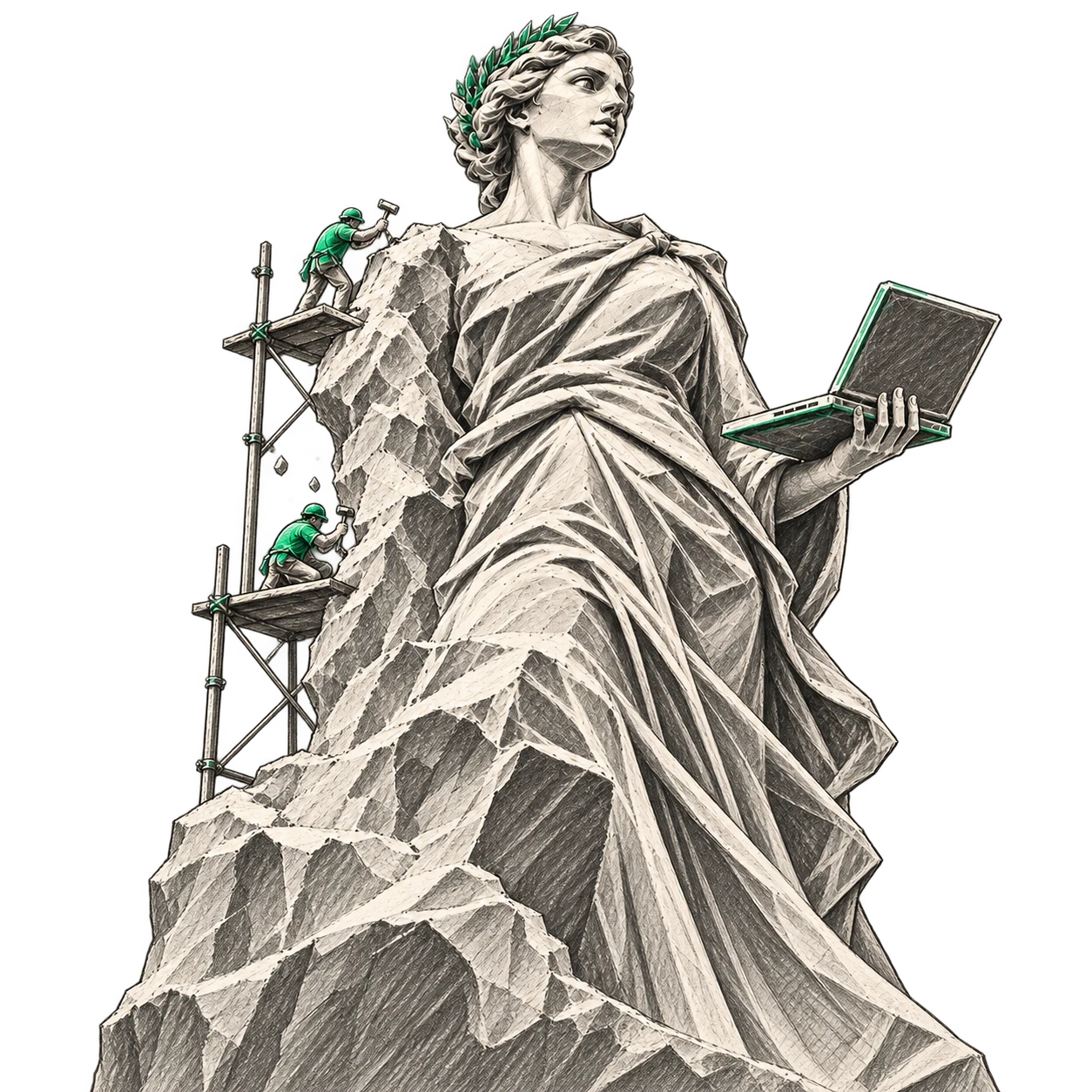 Bleistiftskizze einer monumentalen Statue mit Laptop, die von kleinen Bildhauern aus dem Stein gemeißelt wird