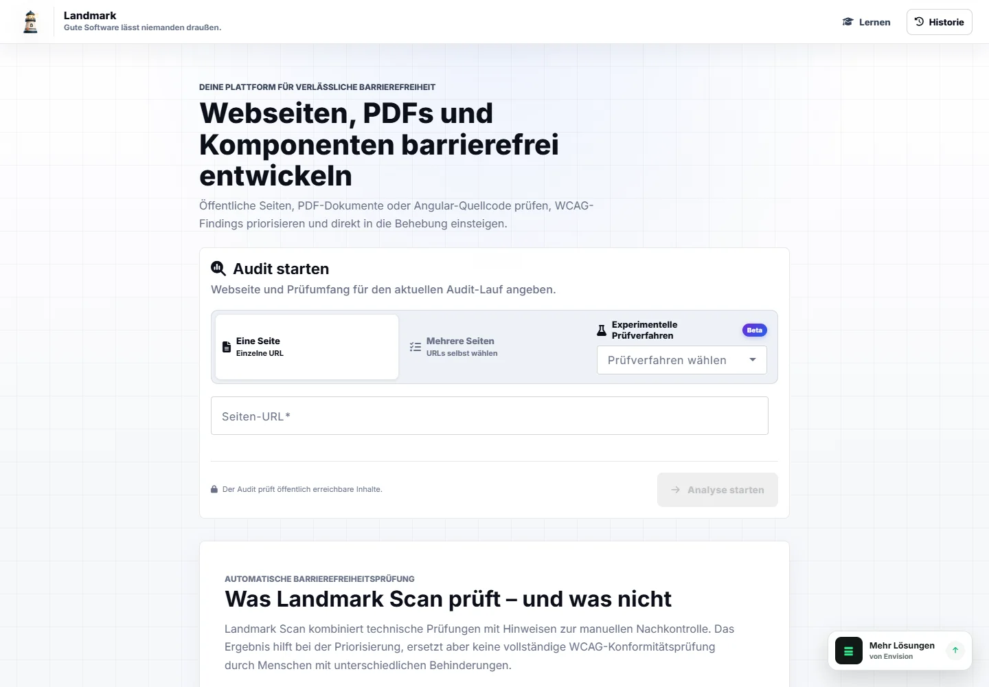 Screenshot der öffentlichen Landingpage von Landmark Scan